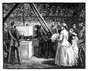 La reine Victoria posant la première pierre du Royal Albert Hall, Londres, années 1860