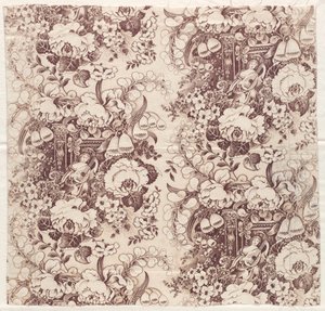 Coton imprimé au rouleau avec motif de femme jouant du luth, début des années 1800
