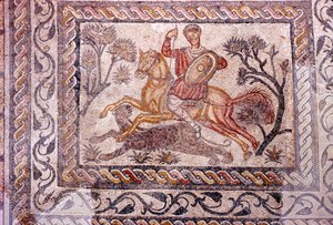 Mosaïque romaine de cavalier chassant un léopard, Mérida, Espagne, 2e-3e siècle