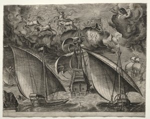 Navires à voile : Deux galères naviguant derrière un trois-mâts armé avec Phaeton..., 1561-65 - Unbekannt