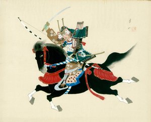 Guerrier samouraï à cheval. Une peinture japonaise sur soie, dans un style japonais traditionnel