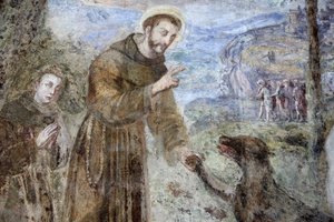 Cloître de Santa Chiara, Naples Fresque (détail) : Saint François, Naples, Italie