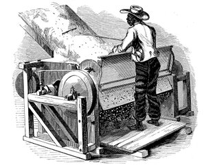 Scie à coton opérée par un ouvrier noir pieds nus, sud des États-Unis, 1865 - Unbekannt
