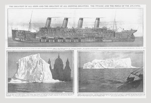 Diagramme en coupe du Titanic, et icebergs, 20 avril 1912