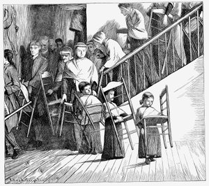 Communauté Shaker allant dîner, chacun portant sa propre chaise Shaker, État de New York, 1870