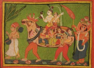 Shiva et Parvati sur une vache composite faite de femmes assemblées