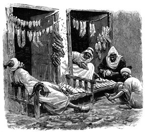 Magasin de chaussures à Fès, Maroc, vers 1890