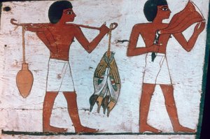 Esclaves portant des offrandes à Osiris, Sarcophage de la Dame de Madja, 18e dynastie
