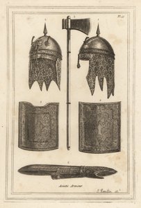 Casque de Souja Dowla avec capuche en cotte de mailles, hache de bataille, plastron et dosseret, et armure de bras