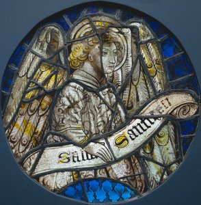 Vitrail rond avec un ange tenant un parchemin, vers 1425-1450