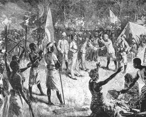 Rencontre de Stanley avec Emin Pasha, 29 avril 1888, à Kavalli, 1901