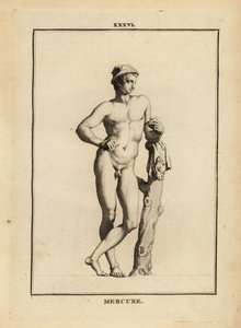 Statue de Mercure, dieu romain du commerce et de la communication, avec chapeau ailé petasos et peau de chèvre