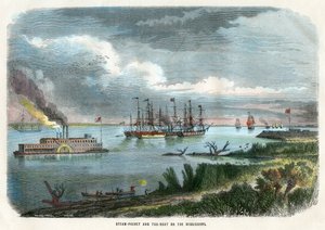 Paquebot à vapeur et remorqueur sur le Mississippi, USA, vers 1875