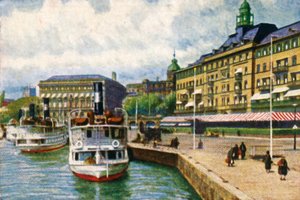 Bateau à vapeur au quai près du Grand Hôtel, Stockholm, vers 1928 - Unbekannt