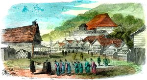 Rue à Hakodate, et procession funéraire, Japon, 1856