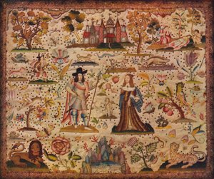 Panneau en stumpwork : les figures de Mars et Vénus