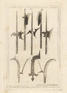 Lame de hallebarde 1,3,5, billot brun 2, hache de Lochaber 4, billot ancien 6, billot à main avec petites cloches 7, et billot trouvé à Battefield, Shrewsbury 8 - Unbekannt