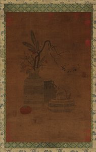 Tapisserie : un bol, deux pots, des fleurs et des fruits - Unbekannt