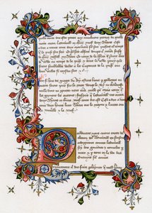 Page de texte avec initiale illuminée, début du 15e siècle