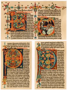 Page de texte avec lettres initiales illuminées, 14ème siècle - Unbekannt