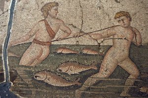 Thalasse et les pêcheurs nus, mosaïque de Vakto, détail, Turquie