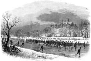 Les premiers volontaires des fusiliers du Lincolnshire marchant sur la rivière Witham en patins, 1861
