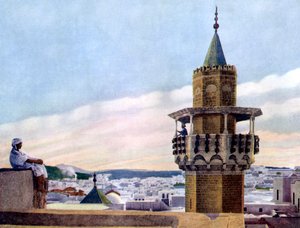 Le muezzin dans son minaret appelant les fidèles à la prière, 1926