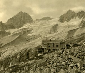 La cabane de Plauen et le glacier, Zillergrund, Tyrol, Autriche, vers 1935