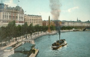 Le Victoria Embankment et un bateau à vapeur sur la Tamise, Londres, vers 1907
