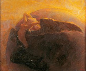 Le soleil doré réveille la lune représentée comme une femme ailée