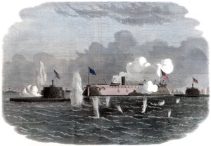 La frégate cuirassée, New Ironsides, et deux batteries Ericsson entrant en action à Charleston