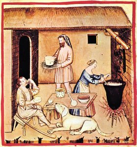 La production de fromage. Une miniature du Tacuinum Sanitatis, seconde moitié du 14ème siècle