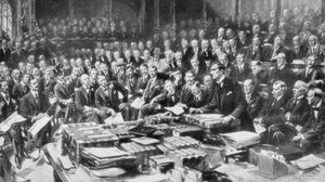 La scène à la Chambre des communes, Westminster, Londres, 3 août 1914