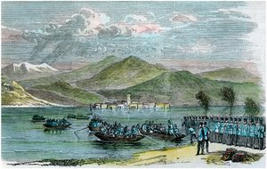 La guerre, les Autrichiens traversant le lac Majeur, Italie, vers 1875