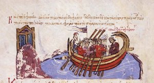 Thomas le Slave fuit vers les Arabes, miniature du Skylitzes de Madrid, XIe-XIIe siècle