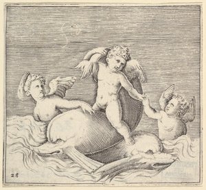 Trois cupidons et deux dauphins, publié vers 1599-1622 - Unbekannt