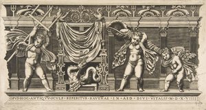 Trois cupidons devant une façade avec pilastres, l