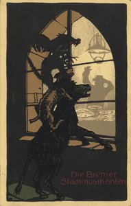 Conception de la couverture du livre Les musiciens de Brême par les frères Grimm, années 1910