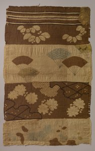 Textile Tsujigahana avec rayures horizontales, plantes à fleurs, éventails, flocons de neige, vers la fin du 16ème siècle - Unbekannt