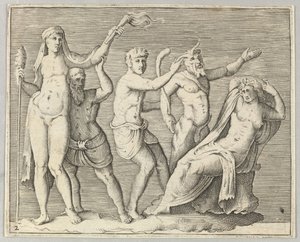 Deux figures, un faune et un satyre approchant une femme allongée - Unbekannt