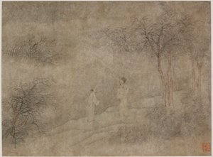 Deux hommes marchant dans un bosquet brumeux, dynastie Ming, 1368-1644