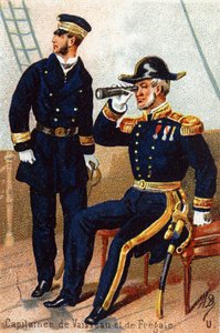 U : Capitaine de navires et frégate. Gravure dans « Alphabet militaire ». Initiales de l