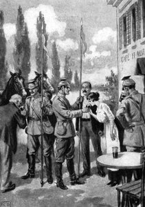 Uhlans demandant des rafraîchissements aux villageois belges, Première Guerre mondiale, 1914