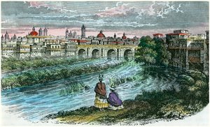 Vue de la ville de Lima, capitale du Pérou, depuis le fleuve Rimac, vers 1875