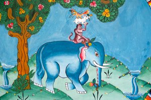 Mur représentant la légende des quatre amis ; éléphant ; singe ; lapin et coq ; Kharbadi Gompa ; Phuentsholing ; Royaume du Bhoutan - Unbekannt