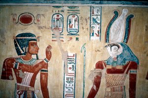 Peinture murale de Ramsès III devant Horus, Vallée des Reines, Louxor, Égypte, c. 12ème siècle av. J.-C. - Unbekannt