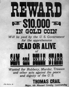 Avis de recherche pour les hors-la-loi Sam et Belle Starr, vers 1880-1886