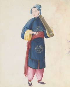 Aquarelle de musicien jouant du qin à archet, fin du 18e siècle