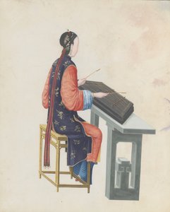 Aquarelle de musicien jouant du yangqin, fin 18e siècle