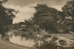 Où les bêtes de la préhistoire se cachent près du lac dans les jardins du palais